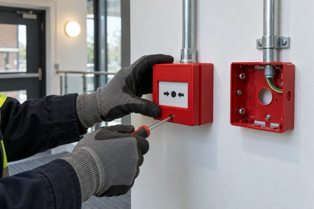 Gloved technician installing a commercial fire alarm call point