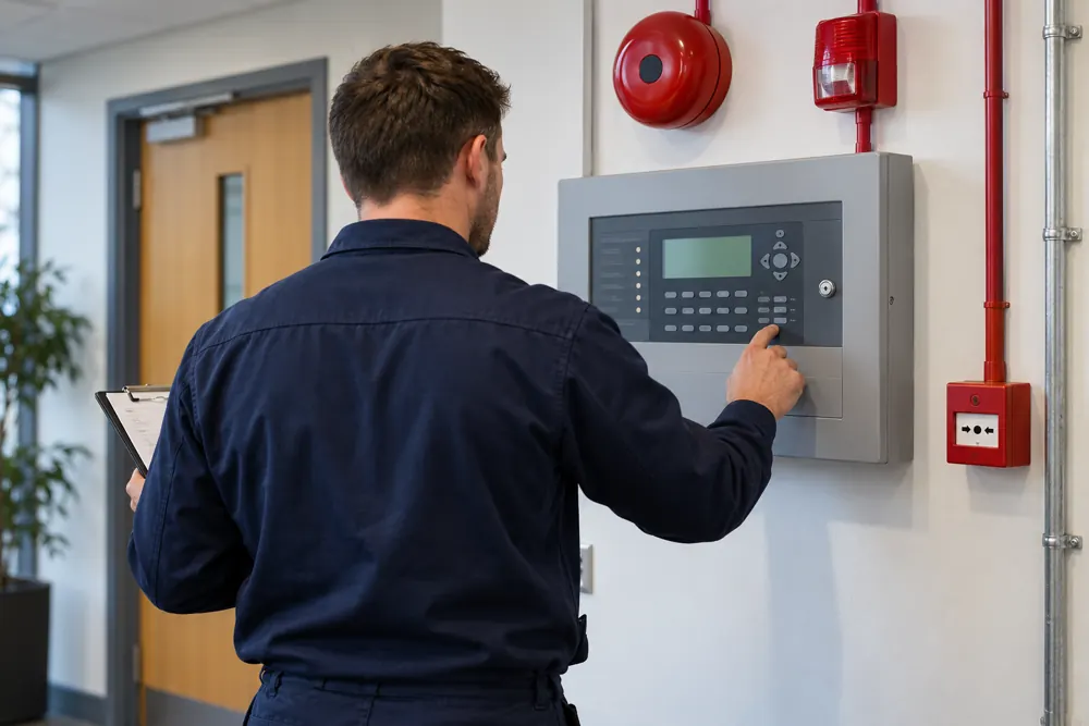 Technician examining a commercial fire alarm control panel