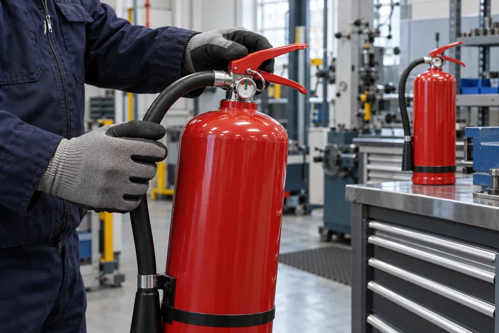 Gloved hands checking a portable fire extinguisher in a workshop