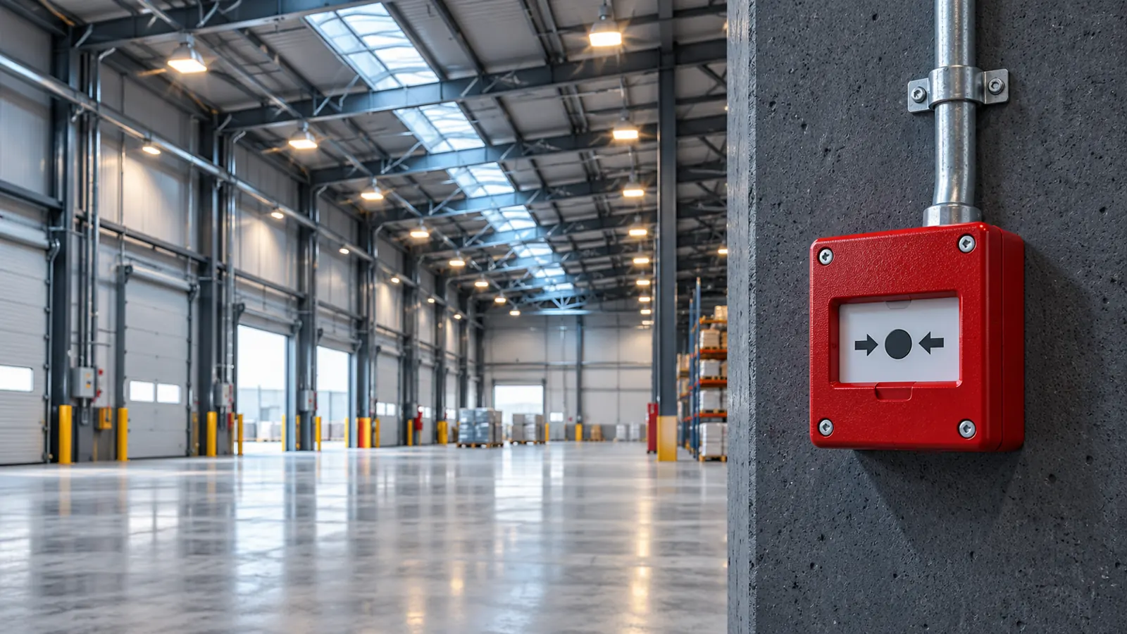 Red fire alarm call point and conduit in a modern industrial building